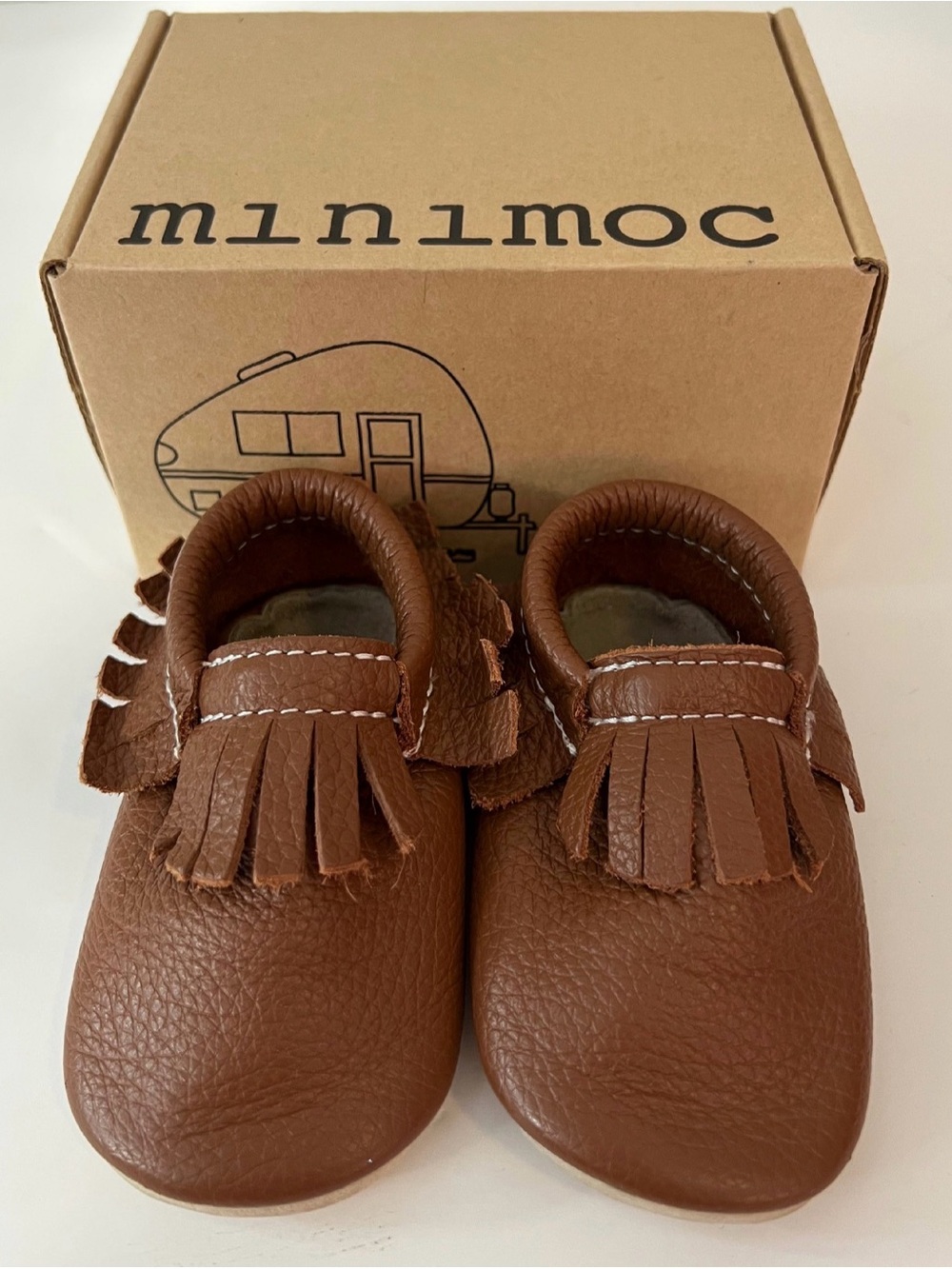 Minimoc Brown Leather Fringe Moccasins Size 4INF